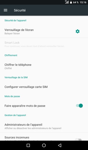 Pour modifier le code PIN de la carte SIM, retournez dans le menu Sécurité et sélectionnez Configurer verrouillage carte SIM
