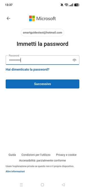 Inserisci la tua password e seleziona Successivo