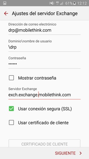 Introduzca Nombre de usuario y la dirección de servidor Exchange. Seleccione SIGUIENTE