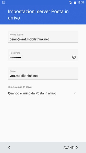 Inserisci Nome utente e l'indirizzo del server di posta in arrivo. Seleziona AVANTI