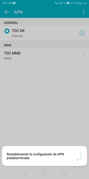 El teléfono se reiniciará con la configuración predeterminada de Internet y MMS