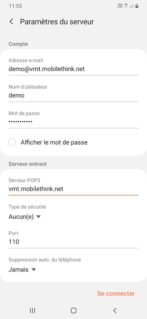 Saisissez votre Nom d'utilisateur et l'adresse du serveur entrant