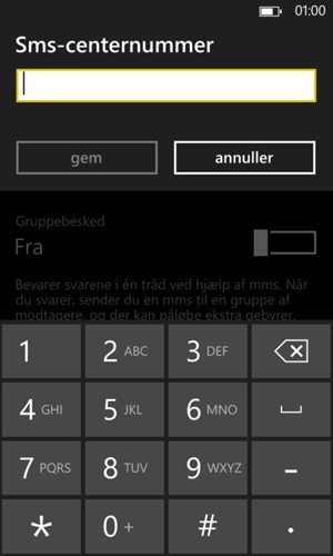 Indtast Sms-centernummer og vælg gem