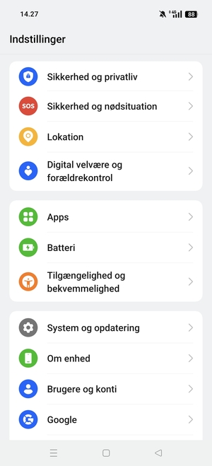 Scroll til og vælg Sikkerhed og privatliv