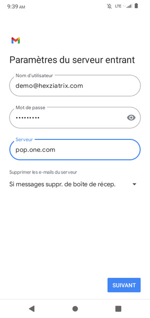 Saisissez votre Nom d'utilisateur et l'adresse du serveur entrant. Sélectionnez SUIVANT