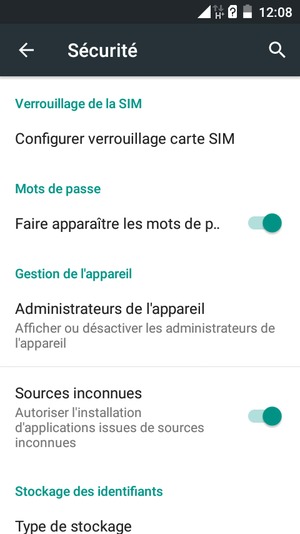 Pour modifier le code PIN de la carte SIM, retournez dans le menu Sécurité et sélectionnez Configurer verrouillage carte SIM