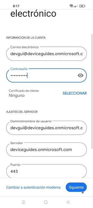 Introduzca Nombre de usuario y la dirección de servidor Exchange. Seleccione Siguiente