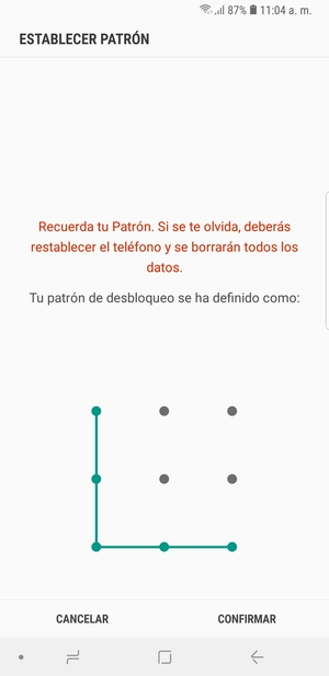 Dibuje de nuevo el patrón de desbloqueo y seleccione CONFIRMAR
