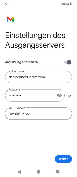 Geben Sie die Server-Adresse für ausgehende Post ein und wählen Sie Weiter