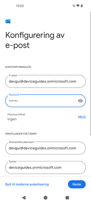 Skriv inn Brukernavn og Exchange serveradresse. Velg Neste