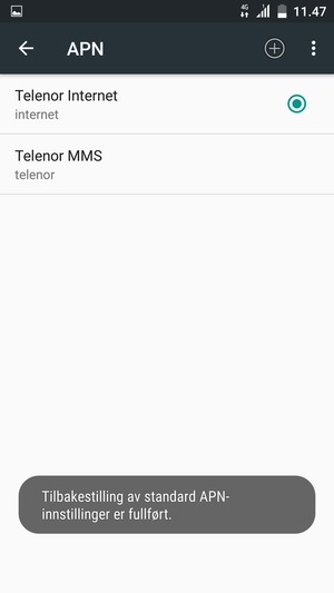 Telefonen din vil tilbakestilles til standard internett-og MMS-innstillinger
