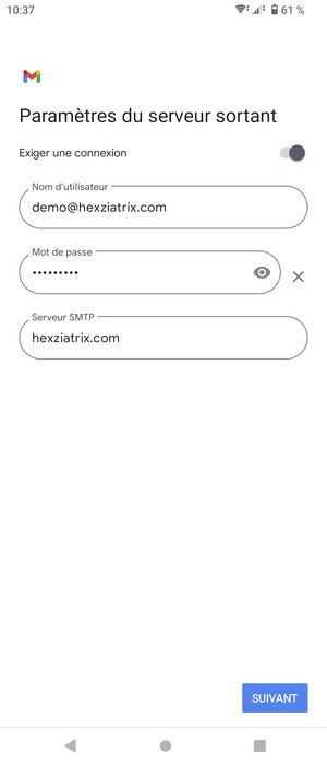 Saisissez l'adresse du serveur sortant et sélectionnez SUIVANT
