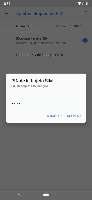 Introduzca PIN de tarjeta SIM antiguo y seleccione ACEPTAR