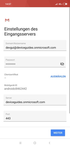 Geben Sie die Exchange-Server-Adresse ein und wählen Sie WEITER