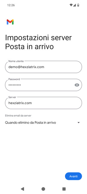 Inserisci Nome utente e l'indirizzo del server di posta in arrivo. Seleziona Avanti