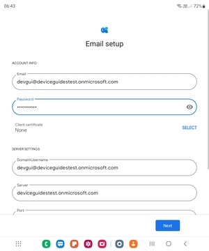 Enter Username and Exchange server address. Select Next