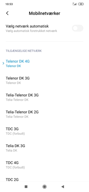 Vælg en netværksudbyder fra listen