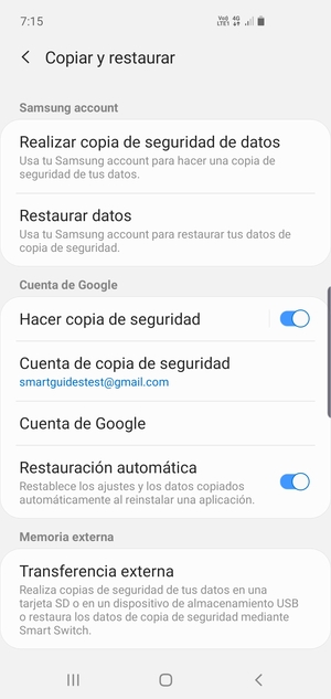 Seleccione Cuenta de copia de seguridad