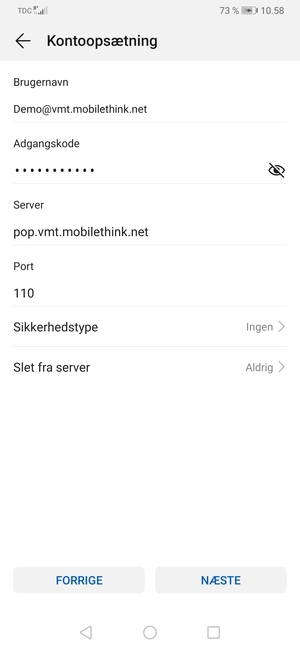 Indtast Brugernavn og indgående serveradresse. Vælg NÆSTE