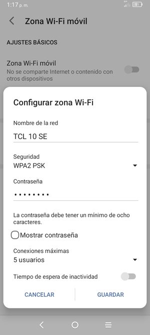 Introduzca una contraseña de punto de acceso Wi-Fi de al menos 8 caracteres y seleccione GUARDAR