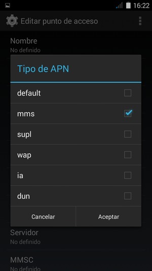 Marque la casilla de verificación mms y seleccione Aceptar