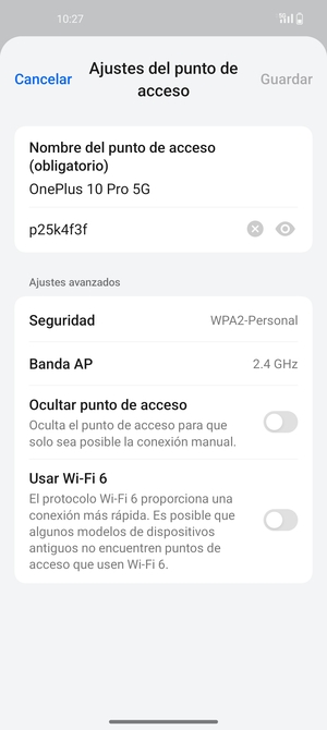 Introduzca una contraseña de punto de acceso Wi-Fi de al menos 8 caracteres y seleccione Guardar