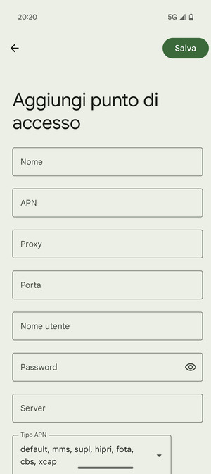 Inserisci le informazioni di Internet
