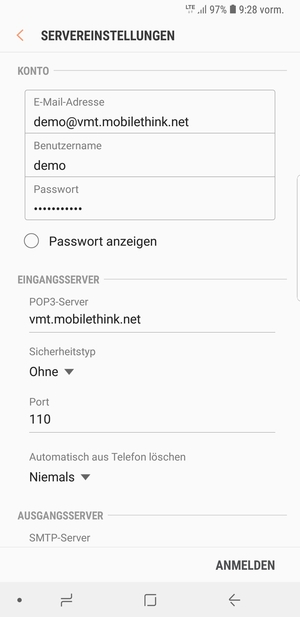 Geben Sie Benutzername und die Server-Adresse für eingehende Post ein
