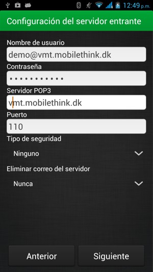 Introduzca Nombre de usario y la dirección de servidor Entrante. Seleccione Siguiente
