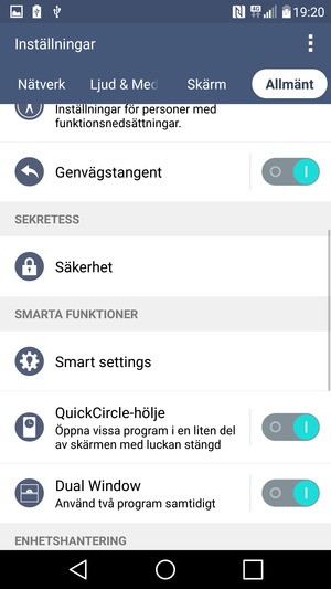För att byta SIM-kortets PIN, återgå till Inställningar-menyn och välj Allmänt