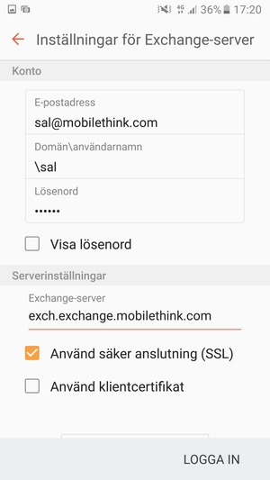 Ange Användarnamn och Exchange serveradress. Välj LOGGA IN