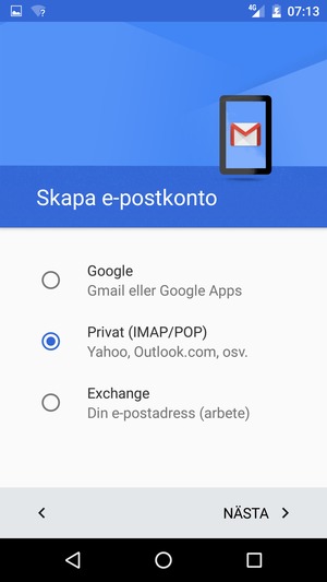 Välj Privat (IMAP/POP) och välj NÄSTA