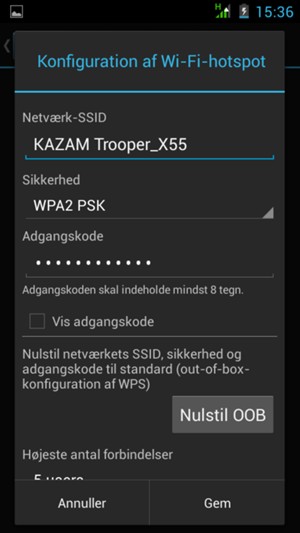 Indtast en Wi-Fi-hotspot adgangskode på minimum 8 tegn og vælg Gem