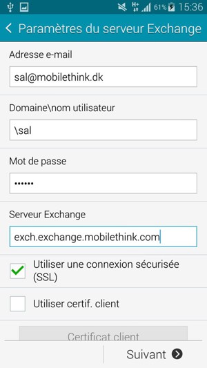Saisissez votre Nom d'utilisateur et l'adresse du serveur Exchange. Sélectionnez Suivant