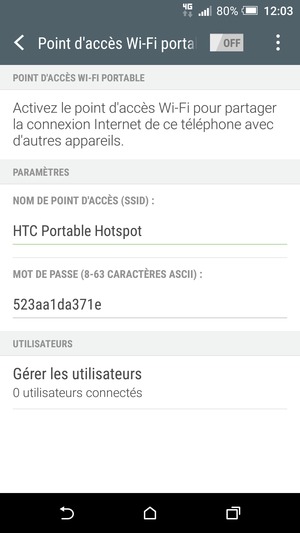 Saisissez un mot de passe d'au moins 8 caractères et activez Point d'accès Wi-Fi portable
