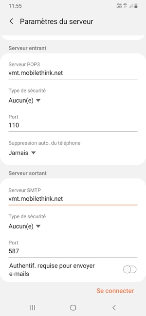 Désactiver le Authentif. requise pour envoyer e-mails et sélectionnez Se connecter
