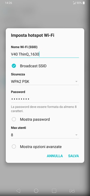 Inserisci una password dell'hotspot Wi-Fi di almeno 8 caratteri e seleziona SALVA