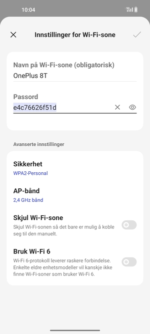 Skriv inn et Wi-Fi hotspot-passord på minst 8 tegn og velg OK