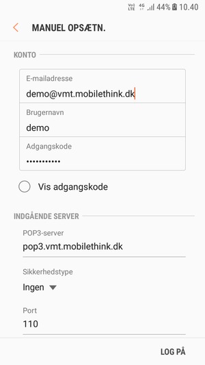 Indtast Brugernavn og Indgående serveradresse