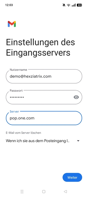 Geben Sie Benutzername und die Server-Adresse für eingehende Post ein. Wählen Sie Weiter