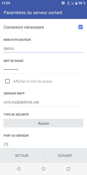 Entrez l'adresse du serveur Sortant