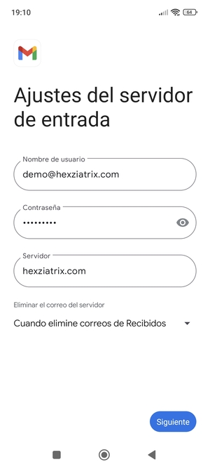 Introduzca Nombre de usuario y la dirección de servidor entrante. Seleccione Siguiente