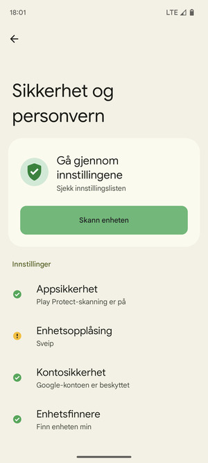 For å aktivere skjermlåsen, gå til Sikkerhet og personvern-menyen og velg Enhetsopplåsning