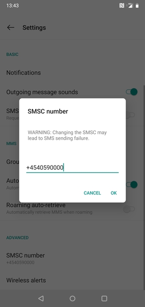 Enter the SMSC number and select OK