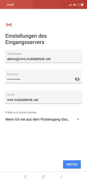 Geben Sie Benutzername und die Server-Adresse für eingehende Post ein. Wählen Sie WEITER