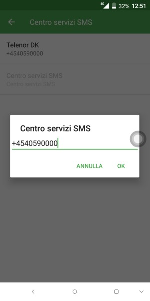 Inserisci il numero di Centro servizi SMS e seleziona OK