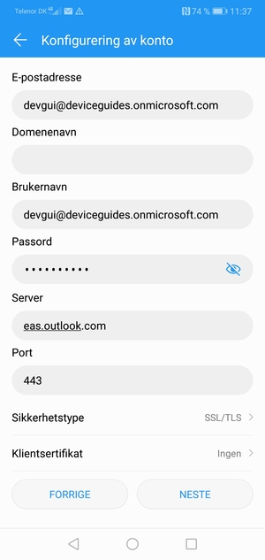 Skriv inn Exchange-serveradresse og velg NESTE