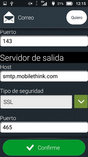 Desplácese hacia abajo e introduzca la dirección del servidor Exchange. Seleccione Confirme
