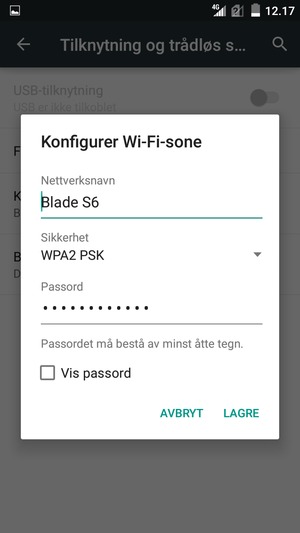 Skriv inn et passord på minst 8 tegn og velg LAGRE