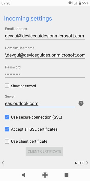 Enter Username and Exchange server address. Select NEXT